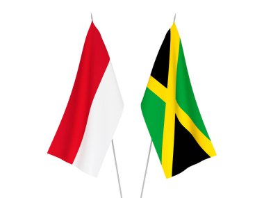 Jamaika ve Endonezya 'nın ulusal kumaş bayrakları beyaz arka planda izole edildi. 3d resimleme.