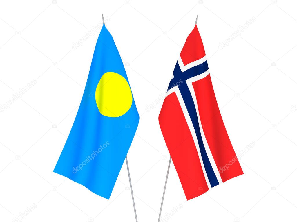 National fabric flags of Norway and Palau isolated on white background. 3d rendering illustration.