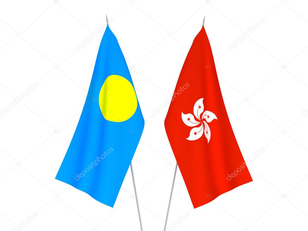 National fabric flags of Hong Kong and Palau isolated on white background. 3d rendering illustration.