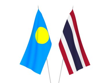 Beyaz arka planda Tayland ve Palau 'nun ulusal kumaş bayrakları izole edildi. 3d resimleme.