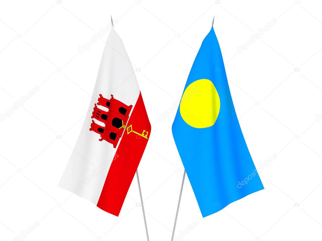National fabric flags of Gibraltar and Palau isolated on white background. 3d rendering illustration.