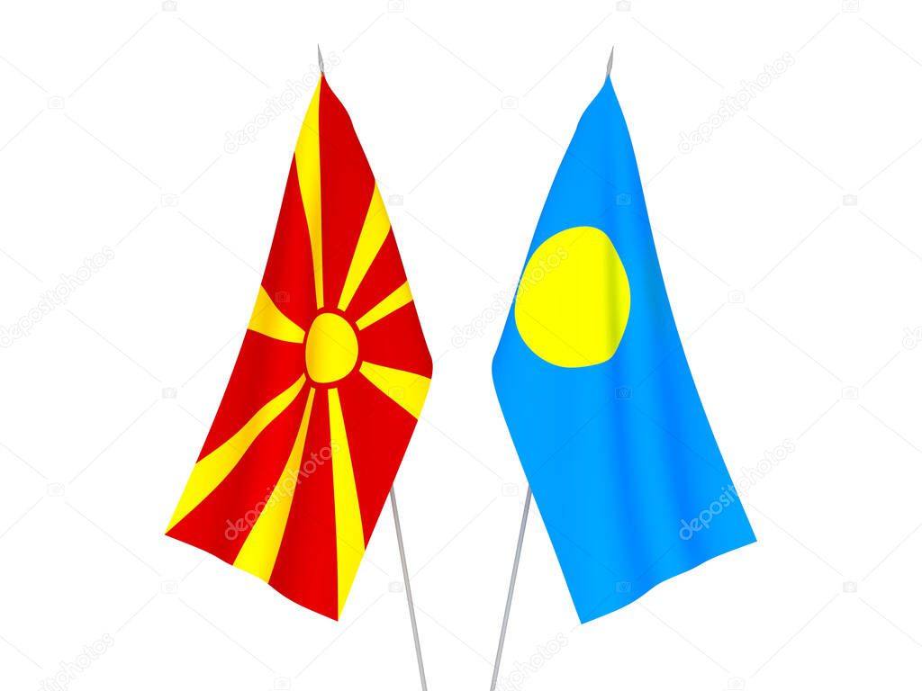 National fabric flags of North Macedonia and Palau isolated on white background. 3d rendering illustration.