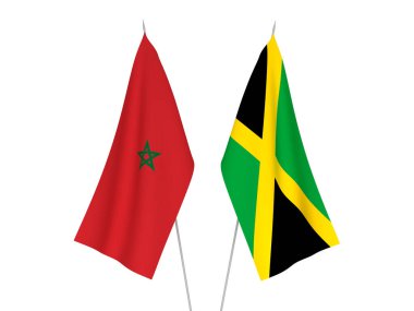 Beyaz arka planda Fas ve Jamaika 'nın ulusal kumaş bayrakları izole edildi. 3d resimleme.