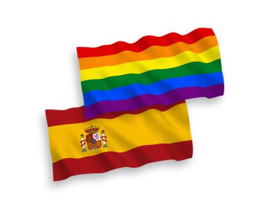Ulusal taşıyıcı kumaş bayrakları Gökkuşağı gay gururu ve İspanya beyaz arka planda izole edilmiş. 1 'e 2 oranında.