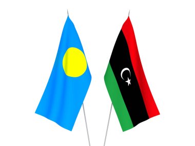 Libya ve Palau 'nun ulusal kumaş bayrakları beyaz arka planda izole edildi. 3d resimleme.