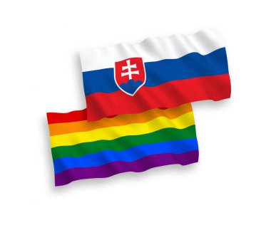 Slovakya ve Gökkuşağı eşcinsel gururunun ulusal taşıyıcı kumaş bayrakları beyaz arka planda izole edildi. 1 'e 2 oranında.