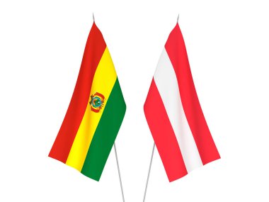 Beyaz arka planda Bolivya ve Avusturya 'nın ulusal kumaş bayrakları izole edildi. 3d resimleme.