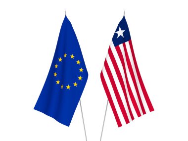 Beyaz arka planda Avrupa Birliği ve Liberya 'nın ulusal kumaş bayrakları izole edildi. 3d resimleme.