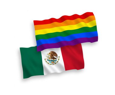 Beyaz arka planda izole edilmiş ulusal taşıyıcı kumaş bayrakları ve Gökkuşağı gay gururu. 1 'e 2 oranında.