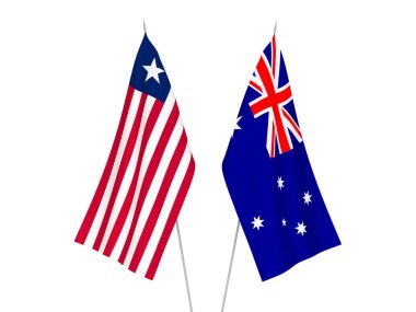 Avustralya ve Liberya 'nın ulusal kumaş bayrakları beyaz arka planda izole edildi. 3d resimleme.