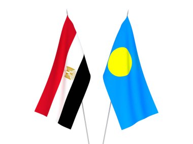 Beyaz arka planda Mısır ve Palau 'nun ulusal kumaş bayrakları izole edildi. 3d resimleme.