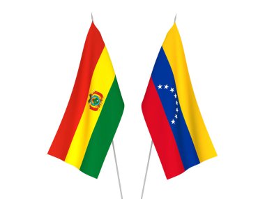 Beyaz arka planda Bolivya ve Venezuela 'nın ulusal kumaş bayrakları izole edildi. 3d resimleme.