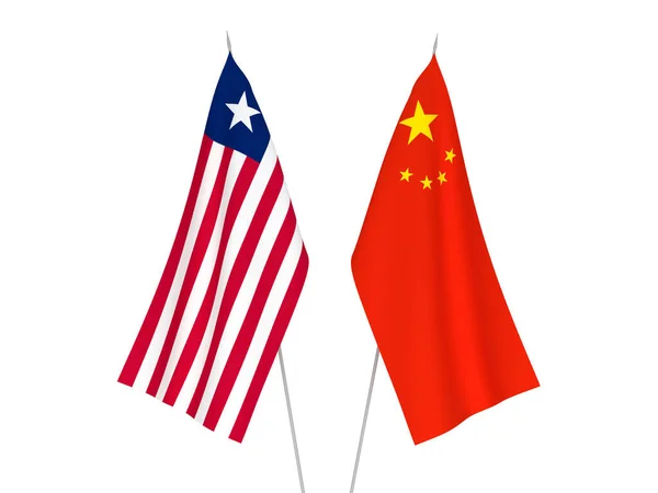 中国和利比里亚的国旗在白色背景下相互隔离 3D渲染说明 — 图库照片