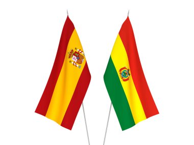 Beyaz arka planda İspanya ve Bolivya 'nın ulusal kumaş bayrakları izole edildi. 3d resimleme.