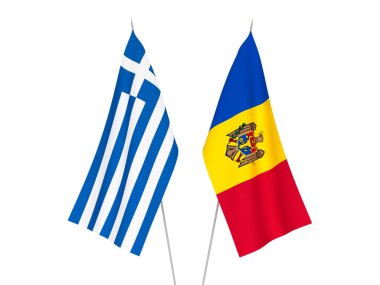 Yunanistan ve Moldova 'nın ulusal kumaş bayrakları beyaz arka planda izole edildi. 3d resimleme.