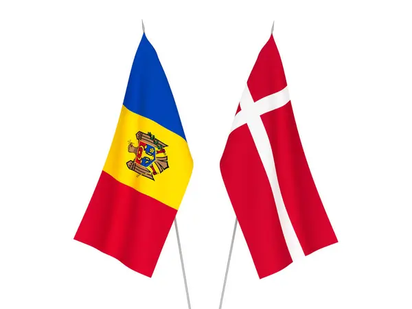 Banderas Nacionales Tela Moldavia Dinamarca Aisladas Sobre Fondo Blanco Ilustración —  Fotos de Stock
