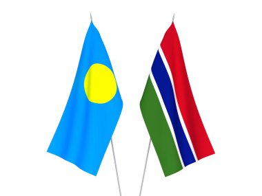Gambiya Cumhuriyeti ve Palau 'nun ulusal kumaş bayrakları beyaz arka planda izole edildi. 3d resimleme.