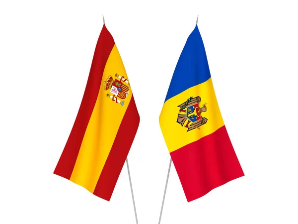 Національні Прапори Тканини Іспанії Молдови Ізольовані Білому Тлі Візуалізація — стокове фото