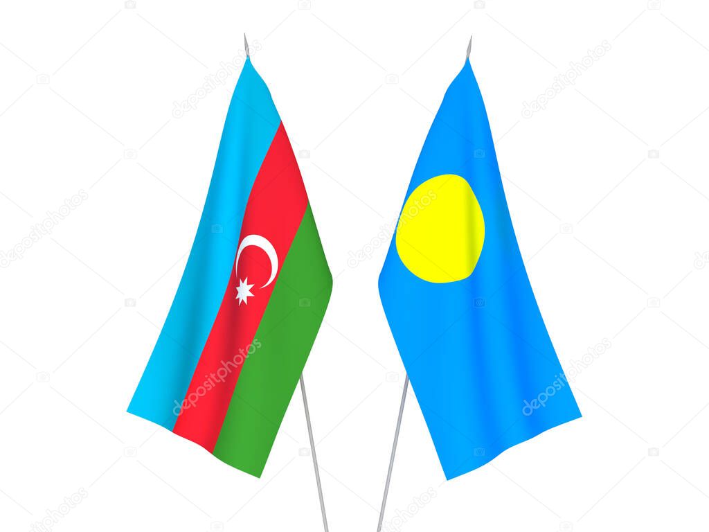 National fabric flags of Republic of Azerbaijan and Palau isolated on white background. 3d rendering illustration.