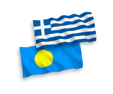 Yunanistan ve Palau 'nun ulusal taşıyıcı kumaş bayrakları beyaz zemin üzerinde izole edildi. 1 'e 2 oranında.
