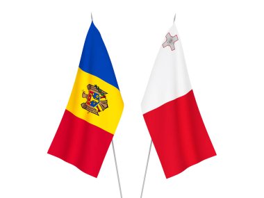 Moldova ve Malta 'nın ulusal kumaş bayrakları beyaz arka planda izole edildi. 3d resimleme.