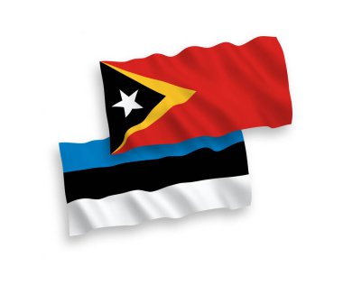 Beyaz arka planda Estonya ve Doğu Timor 'un ulusal taşıyıcı kumaş bayrakları izole edildi. 1 'e 2 oranında.