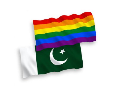 Ulusal taşıyıcı kumaş bayrakları Gökkuşağı gay gururu ve Pakistan beyaz arka planda izole edilmiş. 1 'e 2 oranında.