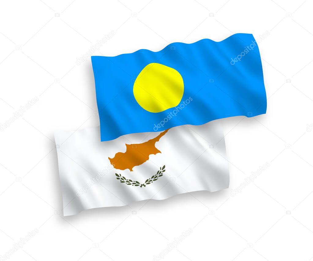 National vector fabric wave flags of Cyprus and Palau isolated on white background. 1 to 2 proportion.