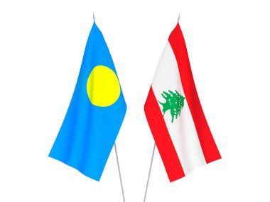 Beyaz arka planda Lübnan ve Palau 'nun ulusal kumaş bayrakları izole edildi. 3d resimleme.