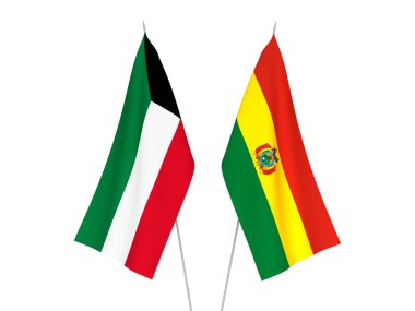 Beyaz arka planda Kuveyt ve Bolivya 'nın ulusal kumaş bayrakları izole edildi. 3d resimleme.