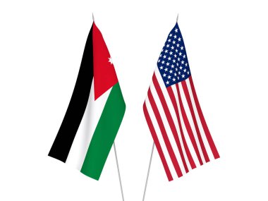 Amerika 'nın ulusal kumaş bayrakları ve Ürdün' ün Haşim Krallığı beyaz arka planda izole edildi. 3d resimleme.