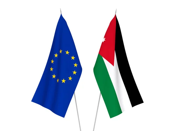 欧洲联盟和约旦哈希姆王国的国家织物旗帜以白色背景隔离 3D渲染说明 — 图库照片