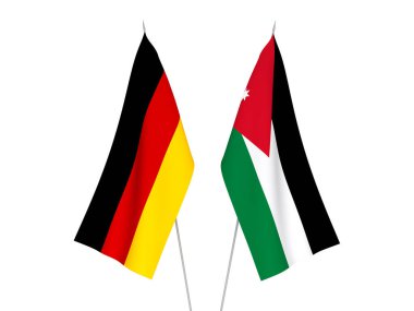 Almanya 'nın ulusal kumaş bayrakları ve Ürdün' ün Haşim Krallığı beyaz arka planda izole edildi. 3d resimleme.