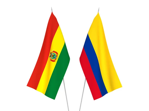 Bandiere Nazionali Tessuto Colombia Bolivia Isolate Sfondo Bianco Illustrazione Rendering — Foto Stock