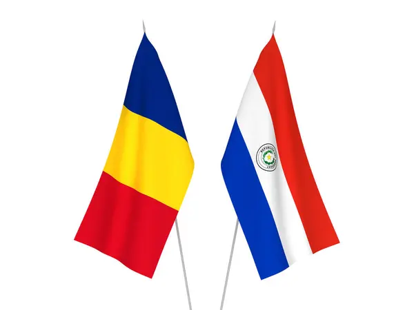 Національні Прапори Тканини Румунії Парагваю Ізольовані Білому Тлі Візуалізація — стокове фото