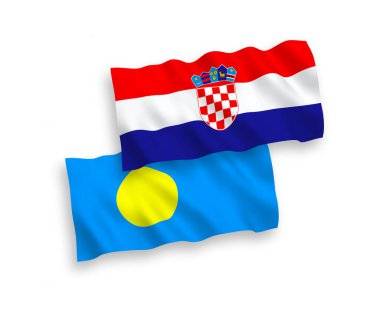 Beyaz zemin üzerinde Palau ve Hırvatistan 'ın ulusal taşıyıcı kumaş bayrakları izole edildi. 1 'e 2 oranında.