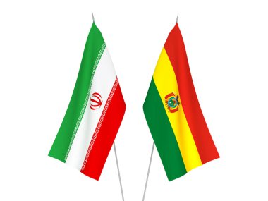 Beyaz arka planda İran ve Bolivya 'nın ulusal kumaş bayrakları izole edildi. 3d resimleme.