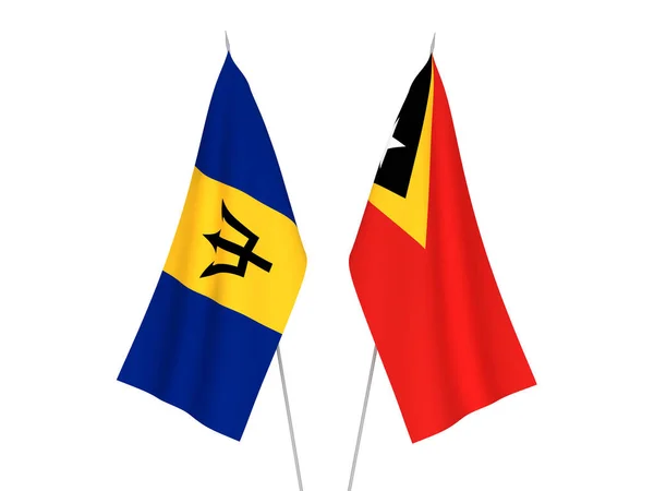 Nationale Stoffen Vlaggen Van Barbados Oost Timor Geïsoleerd Witte Achtergrond — Stockfoto