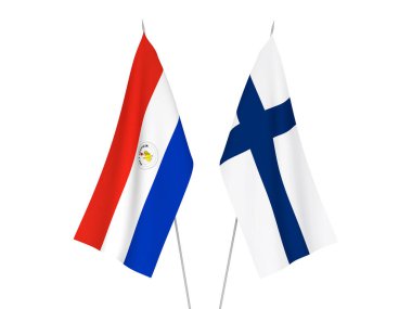 Beyaz arka planda Paraguay ve Finlandiya 'nın ulusal kumaş bayrakları izole edildi. 3d resimleme.