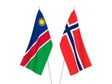 Beyaz arka planda Norveç ve Namibya Cumhuriyeti 'nin ulusal kumaş bayrakları izole edildi. 3d resimleme.