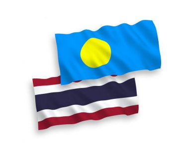 Beyaz arka planda izole edilmiş Palau ve Tayland 'ın ulusal taşıyıcı kumaş bayrakları. 1 'e 2 oranında.