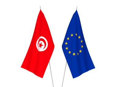 Beyaz arka planda Avrupa Birliği ve Tunus Cumhuriyeti 'nin ulusal kumaş bayrakları izole edildi. 3d resimleme.