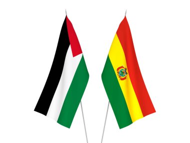 Beyaz arka planda, Filistin ve Bolivya 'nın ulusal kumaş bayrakları izole edildi. 3d resimleme.