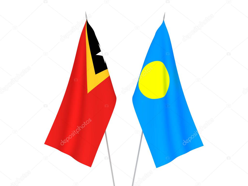 National fabric flags of Palau and East Timor isolated on white background. 3d rendering illustration.