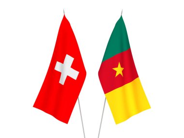 Beyaz arka planda İsviçre ve Kamerun 'un ulusal kumaş bayrakları izole edildi. 3d resimleme.