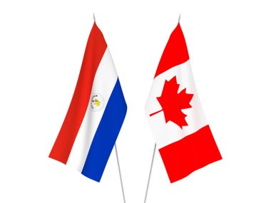 Beyaz arka planda Paraguay ve Kanada 'nın ulusal kumaş bayrakları izole edildi. 3d resimleme.