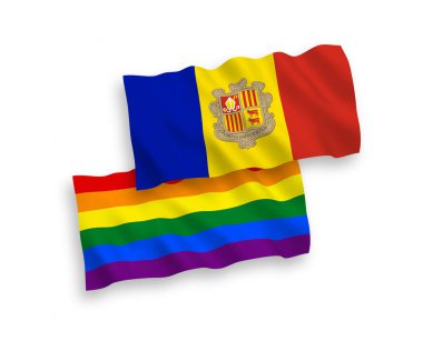 Ulusal vektör kumaş dalgası bayrakları Gökkuşağı gay gururu ve Andorra beyaz arka planda izole edilmiş. 1 'e 2 oranında.