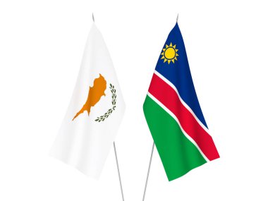 Beyaz arka planda Namibya Cumhuriyeti ve Kıbrıs Rum Kesimi bayrakları izole edildi. 3d resimleme.