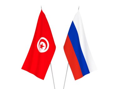 Beyaz arka planda Rusya ve Tunus Cumhuriyeti 'nin ulusal kumaş bayrakları izole edildi. 3d resimleme.