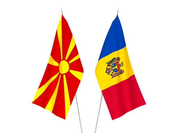 Banderas Nacionales Tela Macedonia Del Norte Moldavia Aisladas Sobre Fondo —  Fotos de Stock